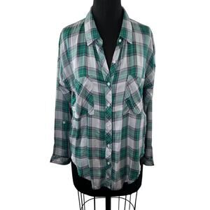 The Laundry Room Green Gray Plaid Button-Up Split Back Long Sleeve Shirt Top XS
